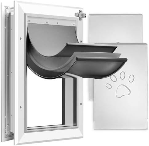 [Petoasis] 3-Flaps Heavy-Duty Dog Door, Rust Proof Aluminum Alloy Frame | Energy-Efficient,Thick Flaps Block Wind Snow Rain Intrusion in Extreme Weather (Silvery White, Meduim for Door)