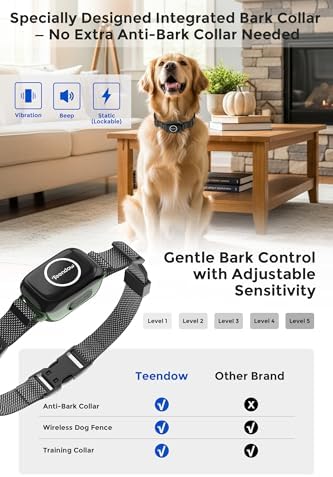 Teendow T800 Pro Wireless Electric Dog Fence with Remote Control, Waterproof Rechargeable Dog Training Collar with Bark Control, HD Display Perimeter Pet Fence Collar