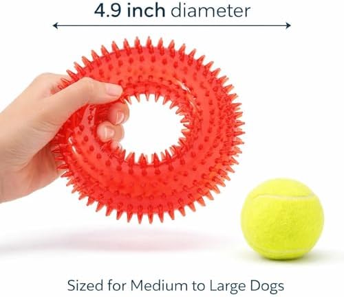 Squeaky Spiky Dog Ring Toy for Teeth Cleaning & Gum Massage 4.9 Inch Medium Large Dogs Red | Spiny TPR Rubber Chew Toy for Fetch Play Interactive Bouncy Dental Ring Durable BPA Free Nontoxic Floats