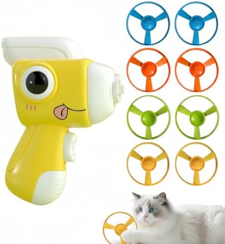 Interactive Cat Toy for Indoor Cats - Cat Fetch Toy Launcher with 8 Colorful Flying Discs, One-Press Exercise Toy for Chasing & Hunting, Fun Kitten Toy for Adult Cats, Yellow