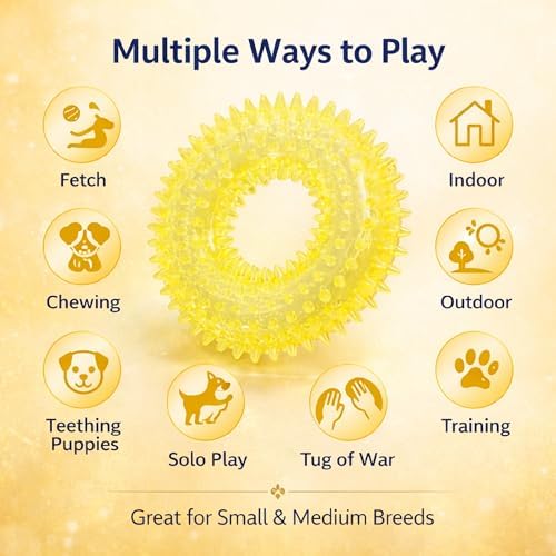 Squeaky Spiky Dog Ring Toy for Teeth Cleaning & Gum Massage 3.9 Inch Small Medium Dogs Yellow | Spiny TPR Rubber Chew Toy for Fetch Play Interactive Bouncy Dental Ring Durable BPA Free Nontoxic Floats