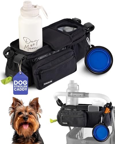 Dog Stroller Caddy Organizer with 2 Insulated Cup Holders & Treat Pocket