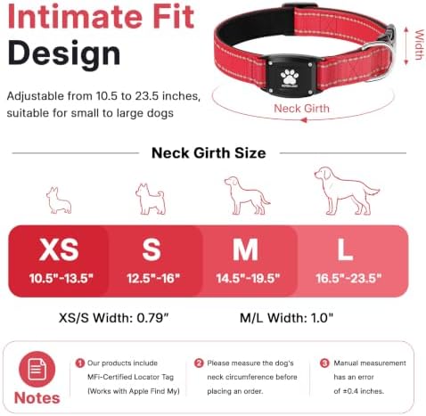 GPS Dog Collar with Tracker, Waterproof, No Monthly Fee, Red, L | Works with Apple Find My, iOS Only, MFi Certified, No SIM Card, for Large Dogs, Reflective Padded Nylon, Neck 16.5-23.5 in