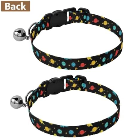 Dinosaurs Planets Stars Black Collar with Bell for Dog Puppy 2 Pack Cats Collar Adjustable Length 10.6" to 17.1"