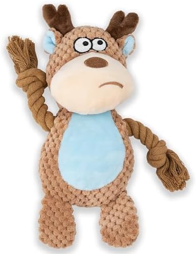 Squeaky Dog Toy Chew Plush Stuffed with Cotton Rope Crinkle Paper Soft Interactive Durable for Small Medium Large Dogs Puppy Pet Khaki Elk