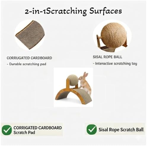 2-in-1 Rabbit Scratching Toy - Natural Sisal Ball & Corrugated Cardboard Pad Bunny Claw Scratcher, Stable Wood Arch Bridge Interactive Toys for Rabbits, Kittens, Ferrets, Chinchillas