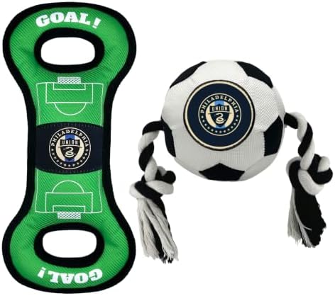 Pets First MLS Philadelphia Union Soccer Field Tug Toy & Soccer Ball Rope Toy Set for Dogs - Officially Licensed Interactive Squeaky Rope Fetch & Chew Toys with Team Logo