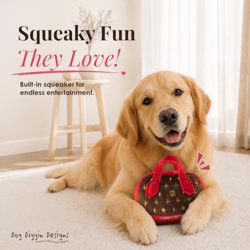 Dog Diggin Designs Chewy Vuiton Posh Purse Plush Dog Toy | Luxury-Inspired Parody Designer Handbag with Squeaker, Soft Plush Fashion Dog Toy – Haute Couture Purses & Handbags