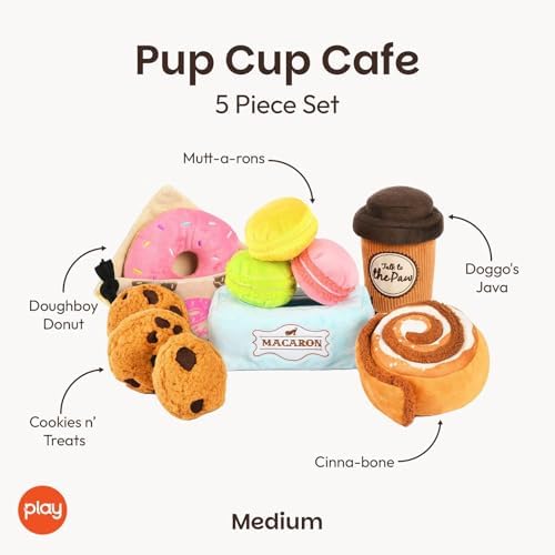 P.L.A.Y. Cute Plush Dog Toys - Pup Cup Cafe Coffee Shop Themed Durable Squeaker Chew Toys for Medium & Large Dogs - Machine Washable, Recycled Materials (5 Piece Set, Medium)