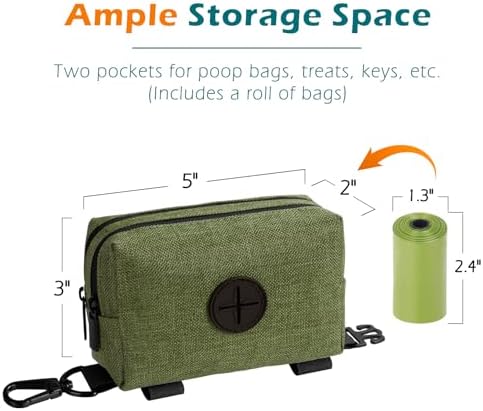 PetBonus Dog Poop Bag Holder, Portable Pet Waste Bag Dispenser, 2 Pouches for Treats and Walking Accessories, Fit All Leashes, Includes 1 Roll of Dog Poop Bags (Army Green)