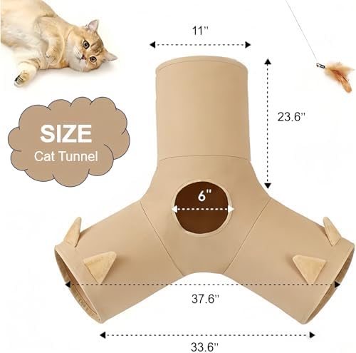 Cat Tunnel 3 Way Collapsible, Cat Ear Design with Crinkle Sound, Indoor Cat Toys Interactive, 4 Peek Holes Pet Play Tube for Cats, Kitten, Puppy, Rabbit, Brown (3-Way Brown Cat Ears)