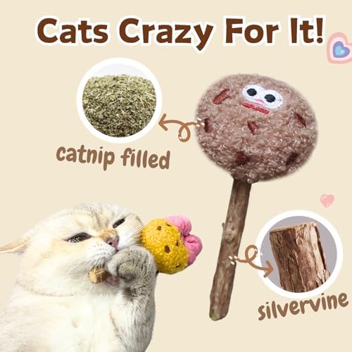 CECE PAW 4 Pack Catnip & Silvervine Lollipops, Cat Chew Toy for Kitten Teething, Interactive Cat Toy for Bored Indoor Cats, Cat Kicker Toy