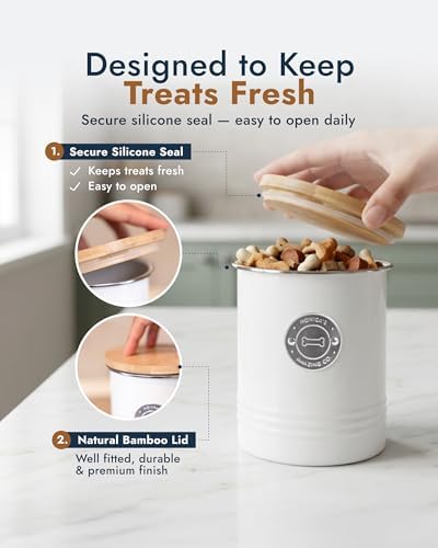 Dog Treat Container with Bamboo Lid, White Metal, 5.1” W x 6.5” H, 6.4 Cups