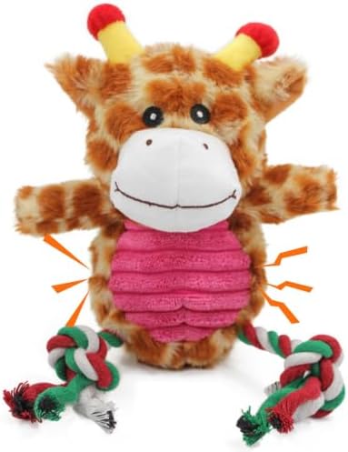 Giraffe Plush Dog Toy with Rope and Squeaker for Small Medium Dogs