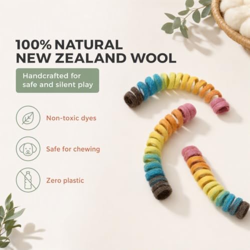 Glaciart One Felt Spring Cat Toy – 5 Pcs Soft Fuzzy Enrichment 100% Natural Wool - Interactive Stretchable Play Cat Toy Set - Safe for Pets, Non-AZO Colored Dyes - 30” Long