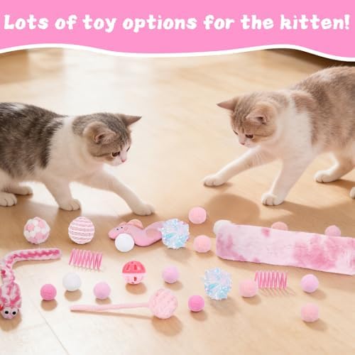 Foxtell Pink Cat Ball Pit Include 115 PCS Interactive Cat Toys for Indoor Bored Self Play Enrichment Toy for Indoor Cats Interactive Fun and Exercise