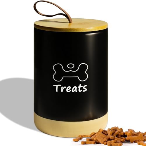 Dog Treat Container Airtight - 5 Inch Wide x 7.5 Inch Black Ceramic Dog Treat Jar for Kitchen Counter, Doggie Cookie Jar with Airtight Bamboo Lid - Farmhouse Style Dog Food Storage Container