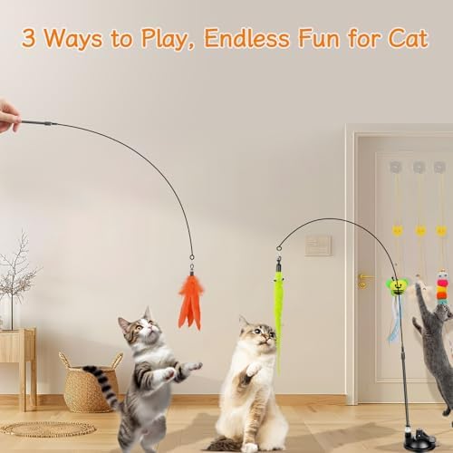 Cat Wand Toy, Interactive Kitten Feather Toys Self Play, Cat Teaser for Indoor Cats Reusable Suction Cup Toys for Indoor Cats Kittens Play Exercise
