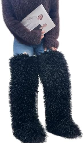 SWEETHEART BEAUTY Thigh High Shagy Teddy Fur Boots, 29 Inch Over the Knee Length Fluffy High Boots, Tall Furry Shoes For Women