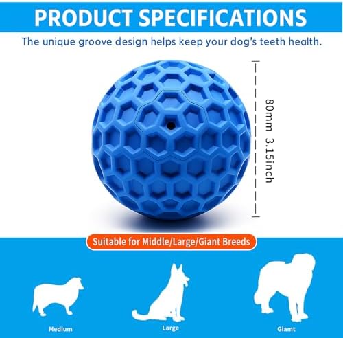Durable Indestructible Squeaky Dog Ball for Aggressive Heavy Chewers, Unbreakable Tough Natural Rubber Dog Toy, Bouncy Interactive Ball for Medium & Large Dogs, Safe for Teeth & Gums (Blue)