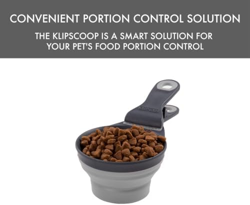 Dexas Popware for Pets Collapsible Klip Scoop, 3-in-1 Pet Food Scoop, Measuring Cup and Bag Clip, 2 Cup Capacity, Light Gray