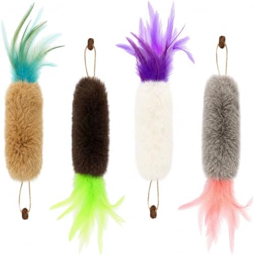 4 Pack Rabbit Fur Cat Toys with Feathers, Durable Interactive Chew and Kicker Toys for Indoor Cats and Kittens, Carrot Cat Toys with Galls Fruit for Teeth-Cleaning Relieves Boredom