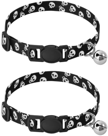 Cartoon White Skulls Black Eye Metal Bell Included Cats Collar 2 Pack Dog Collars for Small Dogs