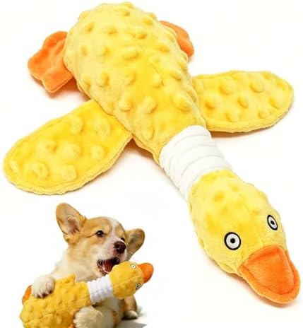 Squeaky Dog Toys for Aggressive Chewers, Durable Stuffed Animal Plush Dog Toy with Soft Fabric for Large, Medium & Small Dogs, Interactive Puppy Chew Toy for Teething, Crinkle Duck Dog Toy - Yellow