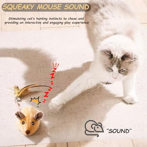 Interactive Mouse Cat Toy, Automatic Moving Fake Rat Mouse Cat Toy, Realistic Rechargeable Dog Mouse Toy with Sound & Feather & Bell, Prank Joke Scary Trick Rats for Cats Dogs