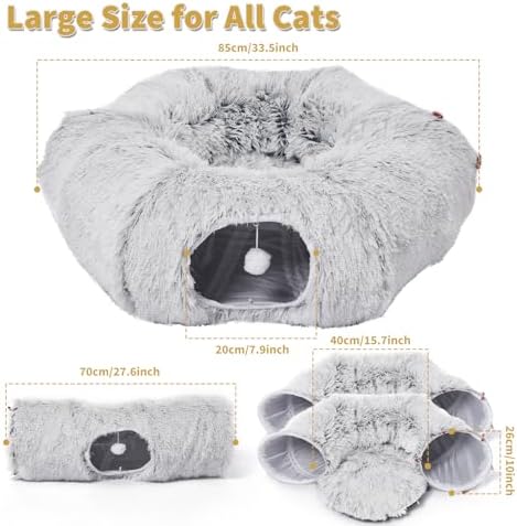 Cat Tunnels Bed with 1 Straight Tunnel and 20 Pet Toys - 5 Shapes DIY Indoor Cats Cave - Detachable Soft Cat Donut for Kitten Puppy Rabbit Ferret