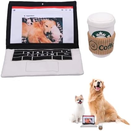 Interactive Dog Toy Set, Squeaky Laptop and Coffee Cup Plush Toys with Crinkle Paper and Treat Pocket, Work from Home Theme for Small to Medium Dogs