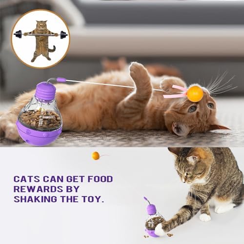 Cat Interactive Toy, Slow Food Dispenser Feeder, Tumbler Design with Teaser Wand & Glowing Ball, Funny Kitten Treats for Indoor Cats Exercise and Boredom Relief (Purple)