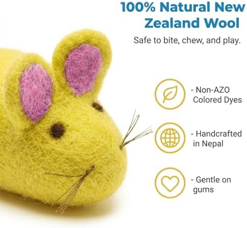 Glaciart One Felt Mouse Cat Toy – Soft Fuzzy Enrichment 100% Natural Wool - Interactive Catnip Play Cat Toy Set - Safe for Pets, Non-AZO Colored Dyes - 100” Long