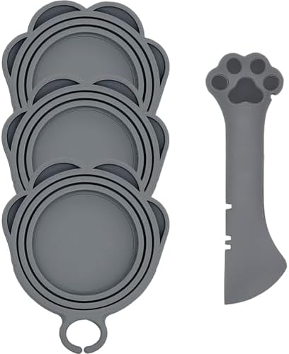 3 Pcs Cat Food Can Covers & One Can Opener | Cute Paw Shape Lids and Opener Spatula Cat Wet Food Spoon | Universal BPA Free Silicone Spoon & Covers for Dog Cat Cans(Grey)