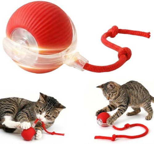 Interactive electric automatic 360 rolling USB rechargeable motion-sensing toy smart chasing cat ball, equipped with a quick tail rope, specially designed for active adult cats and indoor dogs.