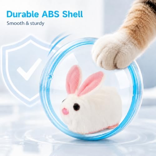 Self Rolling Interactive Cat Ball, Automatic Moving Cat Toy with Plush Animal Inside, 360° Rolling Cat Chasing Ball with Transparent Ball for Cats Dogs Small Pets (Blue,Rabbit)