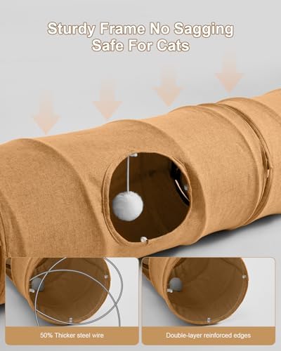 Cat Tunnel, 3 Straight Shaped Tunnels 6 DIY Shapes with Wand Toys, No Noise Scratch Resistant Cool Linen Fabric, Interactive Pet Tunnel Tube for Indoor Cats, Puppy and Rabbits