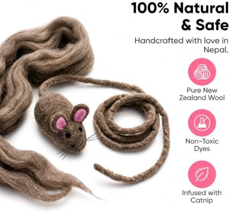 Glaciart One XXL Felt Mouse Cat Toy – 6” Body + 98” Tail – Large Cat Enrichment Toy – 100% Natural Wool with Catnip – Interactive Teaser for Big Cats – Safe Non-AZO Dyes