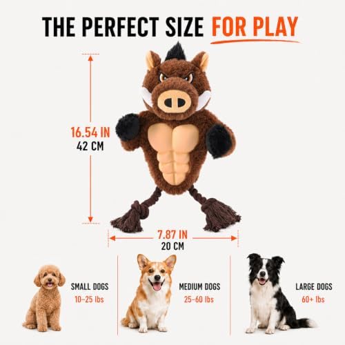 Boar Rope & Plush Dog Toy with Squeaker, Interactive Tug Toy for Medium to Large Dogs, Multi-Texture Toy for Tug, Toss & Supervised Play