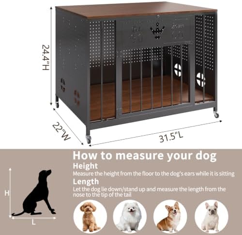 31.5" Iron Pegboard Dog Crate Furniture with Wooden Top &Remote RGB Light