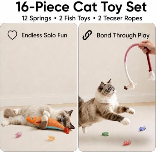 Cat Toys for Indoor Cats, 12-Color Springs, Plush Fish & Chew Rope Toys