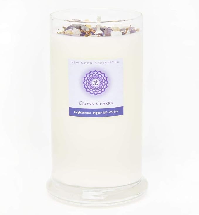 Crown Chakra Candle by New Moon Beginnings - Chakra Candles - Dried Flower, Herb, & Crystal Candles - Aromatherapy Candles - Soy Candle