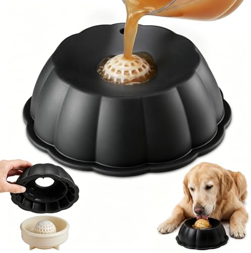 Dog Lick Bowl Ball Slow Feeder, Licking Bowl for Liquid Treat with Rolling Spin Sphere Roller Licker, Licky Feed Calming Anxiety Relief Enrichment Yogurt (Black)