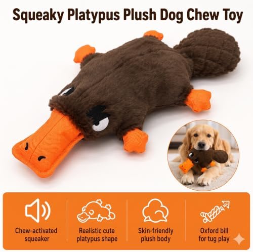 Platypus Squeaky Dog Plush Chew Toy, Interactive Tug Squeaky Toy for Chewers, Medium Large Dogs & Fetch Play, 15 Inch Stuffed Play Toy with Thick Oxford Cloth Beak for Gentle Gum Care