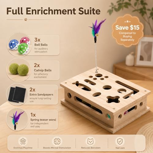 2026 New Cat Scratch Puzzle Enrichment Box, Interactive Cat Nail File Box with Catnip & Bell Ball, Cat Scratcher Toy with Teaser Wand, Stress-Free Alternative to Clippers & Grinders