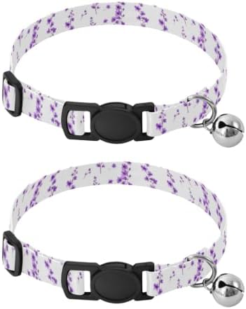 Purple Flowers Leaf Bell Collar for Small Dogs 2 Pack Kitten Collars Adjustable Length 10.6" to 17.1"