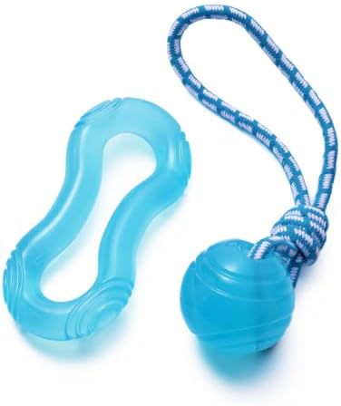 MECOOL 2PCS Dog Chew Toys Set - Tug of War Rope Ball & Flexible Rubber Puller, Interactive Teething Toys for Aggressive Chewers, Pet Training Toys for Medium Large Dogs,Bacon Flavored