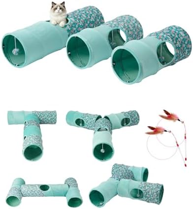 Cat Tunnel, 3 Straight Shaped Tunnels 6 DIY Shapes with Wand Toys, No Noise Scratch Resistant Cool Linen Fabric, Interactive Pet Tunnel Tube for Indoor Cats, Puppy and Rabbits