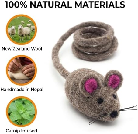 Glaciart One Felt Mouse Cat Toy – Soft Fuzzy Enrichment 100% Natural Wool - Interactive Catnip Play Cat Toy Set - Safe for Pets, Non-AZO Colored Dyes - 42” Long