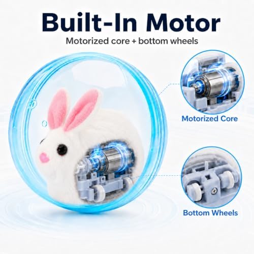 Self Rolling Interactive Cat Ball, Automatic Moving Cat Toy with Plush Animal Inside, 360° Rolling Cat Chasing Ball with Transparent Ball for Cats Dogs Small Pets (Blue,Rabbit)